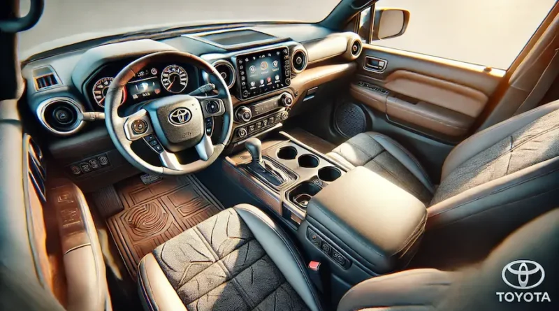 A detailed interior view of the 2023 Toyota Tacoma showing its modern dashboard with a touchscreen infotainment system, comfortable leather seats, advanced climate control, and spacious cabin. The image should capture the luxurious and functional design, highlighting the soft-touch materials, ambient lighting, and practical storage compartments.