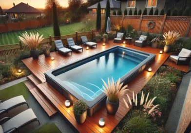 A backyard scene featuring a newly installed DIY fiberglass pool. The pool is surrounded by a stylish deck with comfortable lounge chairs and a few potted plants. There is a fence around the pool for safety, and some pool lights are creating a welcoming ambiance. The background includes a landscaped garden with ornamental grasses and flowering perennials, adding privacy and beauty. The scene is during sunset, with soft, warm lighting enhancing the cozy atmosphere.