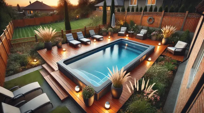 A backyard scene featuring a newly installed DIY fiberglass pool. The pool is surrounded by a stylish deck with comfortable lounge chairs and a few potted plants. There is a fence around the pool for safety, and some pool lights are creating a welcoming ambiance. The background includes a landscaped garden with ornamental grasses and flowering perennials, adding privacy and beauty. The scene is during sunset, with soft, warm lighting enhancing the cozy atmosphere.