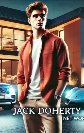 A young man standing confidently in front of a modern house with luxury cars. The scene is at night with bright lights illuminating the area. The young man is casually dressed, similar to the one in the provided image, showcasing a lifestyle of wealth and success. Include vibrant colors and a sense of prosperity. Add the text 'Jack Doherty Net Worth' in bold, stylish font at the top of the image.