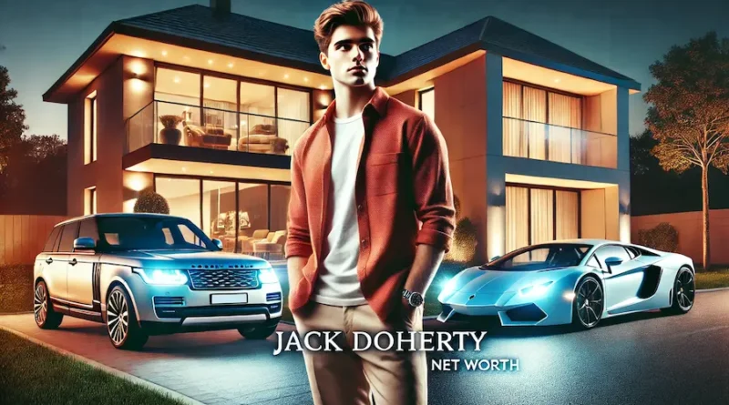 A young man standing confidently in front of a modern house with luxury cars. The scene is at night with bright lights illuminating the area. The young man is casually dressed, similar to the one in the provided image, showcasing a lifestyle of wealth and success. Include vibrant colors and a sense of prosperity. Add the text 'Jack Doherty Net Worth' in bold, stylish font at the top of the image.