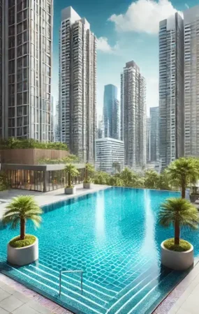 Luxurious rooftop swimming pool with clear blue water and a tiled deck, surrounded by high-rise buildings, palm trees, and sun loungers, with a bright blue sky and scattered clouds in the background.