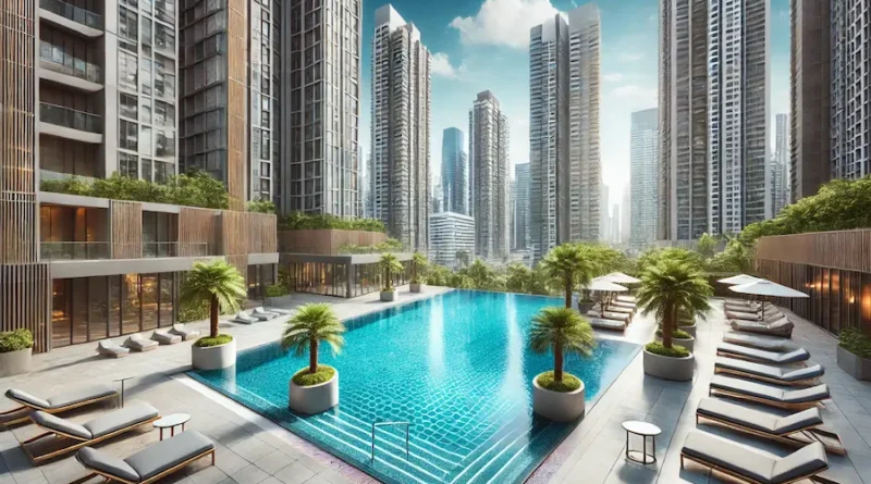 Luxurious rooftop swimming pool with clear blue water and a tiled deck, surrounded by high-rise buildings, palm trees, and sun loungers, with a bright blue sky and scattered clouds in the background.