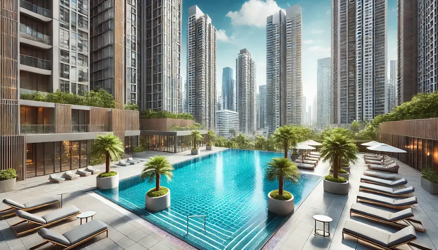 Luxurious rooftop swimming pool with clear blue water and a tiled deck, surrounded by high-rise buildings, palm trees, and sun loungers, with a bright blue sky and scattered clouds in the background.