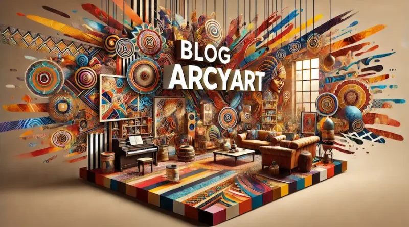A captivating wide graphic design that highlights the theme 'Blog Arcyart'. The image features a blend of traditional African patterns, modern art elements, and vibrant colors. The scene includes various art forms such as paintings, sculptures, and digital art in a dynamic art studio or gallery setting. The text 'Blog Arcyart' is prominently displayed in a stylish font, conveying a sense of creativity, cultural richness, and artistic diversity.