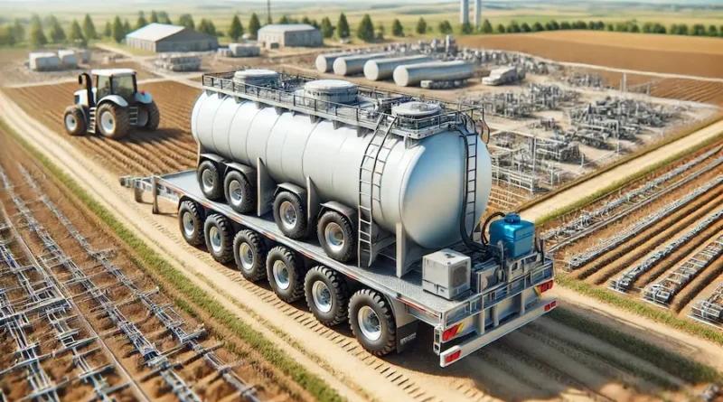A detailed image of a large water tank mounted on a sturdy trailer, set in a versatile environment. The background includes an agricultural field, a construction site, and a rural area prone to emergencies. The water tank is clean and well-maintained, with visible straps and mounting hardware securing it to the trailer. The trailer has reinforced frames and heavy-duty axles, with a portable pump attached to the tank. The scene is bright and clear, showcasing the utility and mobility of the water tank on a trailer.