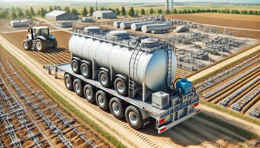 A detailed image of a large water tank mounted on a sturdy trailer, set in a versatile environment. The background includes an agricultural field, a construction site, and a rural area prone to emergencies. The water tank is clean and well-maintained, with visible straps and mounting hardware securing it to the trailer. The trailer has reinforced frames and heavy-duty axles, with a portable pump attached to the tank. The scene is bright and clear, showcasing the utility and mobility of the water tank on a trailer.