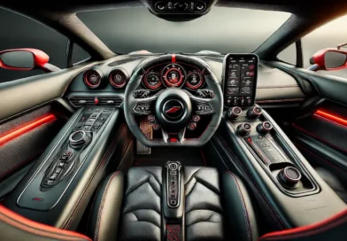 The image shows the interior of a modern, high-performance sports car with a sleek, black dashboard, advanced digital displays, and a leather-wrapped steering wheel with integrated controls. The cabin features sporty red accents, ergonomic seats with red stitching, and a prominently placed gear shifter in the center console, creating a clean, luxurious, and driver-focused atmosphere.