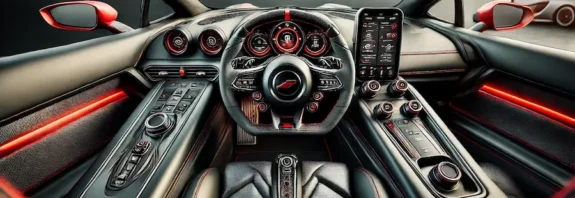 The image shows the interior of a modern, high-performance sports car with a sleek, black dashboard, advanced digital displays, and a leather-wrapped steering wheel with integrated controls. The cabin features sporty red accents, ergonomic seats with red stitching, and a prominently placed gear shifter in the center console, creating a clean, luxurious, and driver-focused atmosphere.