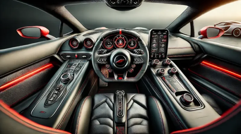 The image shows the interior of a modern, high-performance sports car with a sleek, black dashboard, advanced digital displays, and a leather-wrapped steering wheel with integrated controls. The cabin features sporty red accents, ergonomic seats with red stitching, and a prominently placed gear shifter in the center console, creating a clean, luxurious, and driver-focused atmosphere.