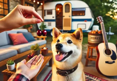 Happy Shiba Inu dog looking up at a hand holding a cherry, with a cozy outdoor setting featuring a camper and a guitar in the background. The scene captures a playful and joyful moment.