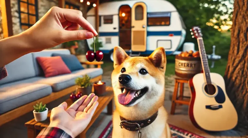 Happy Shiba Inu dog looking up at a hand holding a cherry, with a cozy outdoor setting featuring a camper and a guitar in the background. The scene captures a playful and joyful moment.