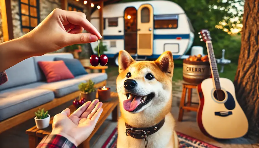 Happy Shiba Inu dog looking up at a hand holding a cherry, with a cozy outdoor setting featuring a camper and a guitar in the background. The scene captures a playful and joyful moment.
