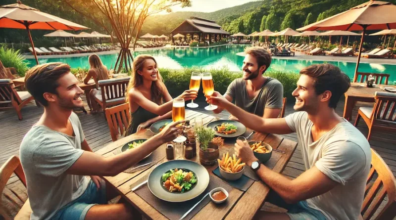 Four friends dining outdoors at a restaurant, clinking their glasses in a toast around a wooden table set with plates of food, with a scenic view of a lake, trees, and a pool area in the background.