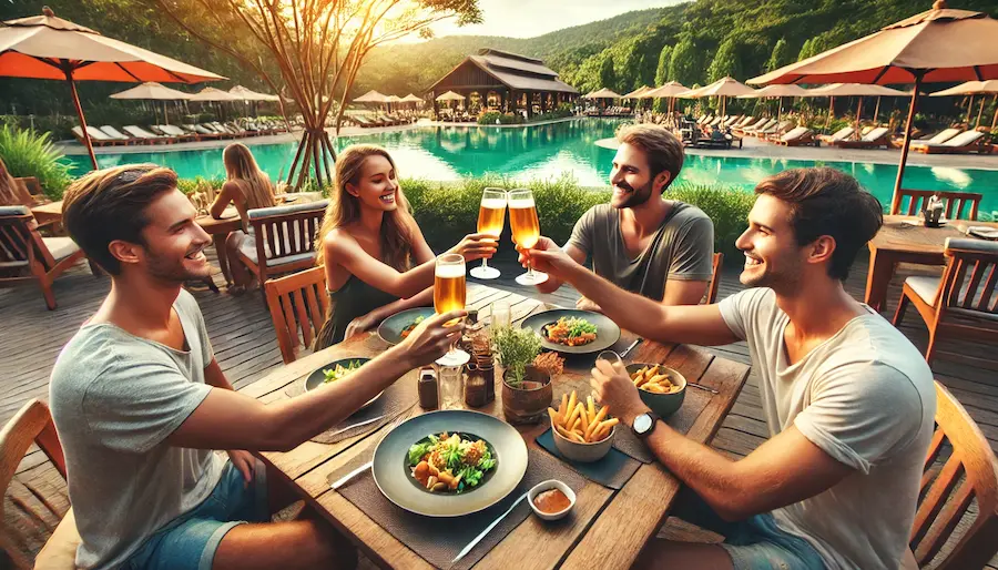 Four friends dining outdoors at a restaurant, clinking their glasses in a toast around a wooden table set with plates of food, with a scenic view of a lake, trees, and a pool area in the background.